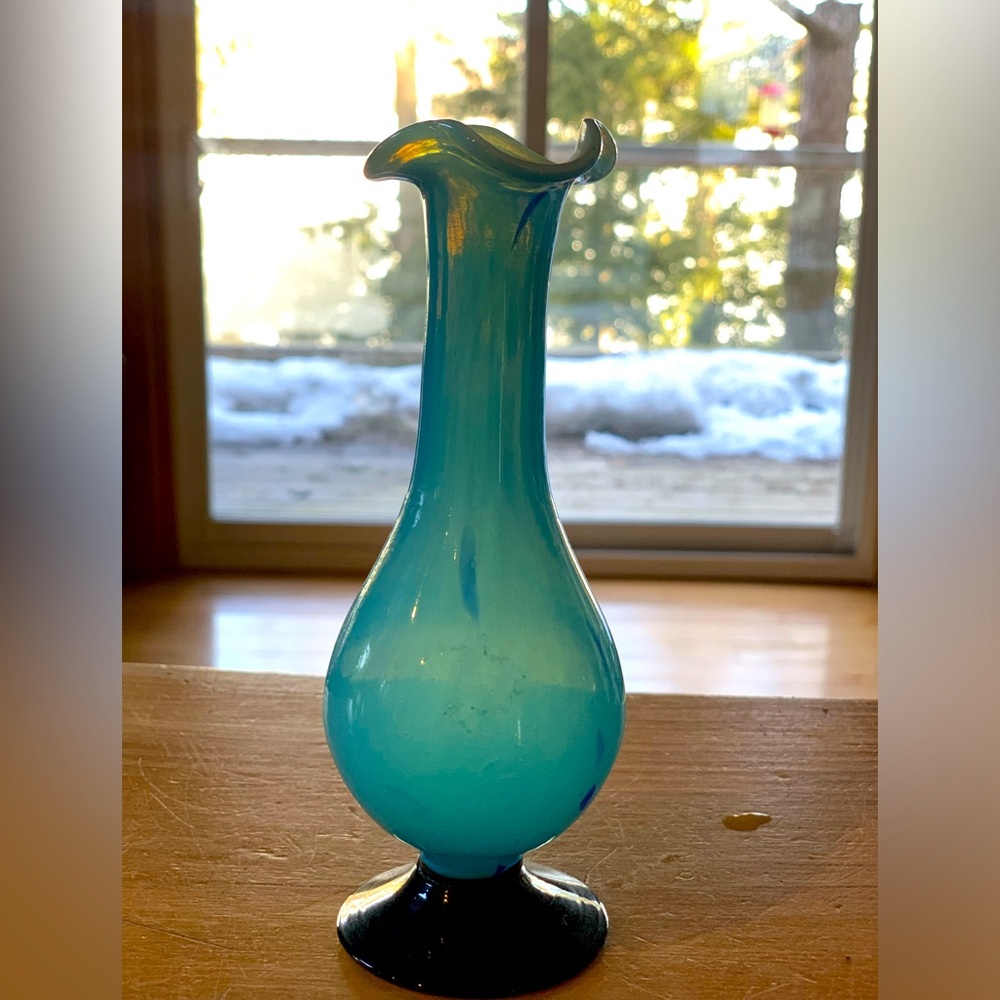 BLOWN GLASS VASE  | Vintage Blown Glass Vase in Shades of Blue With Black Base.